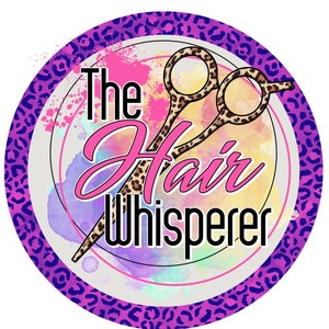 Hair Stylist Metal Sublimated Wreath Sign - Fun Colors with Purple, Pinks, Yellow, and Cheetah Print Scissors