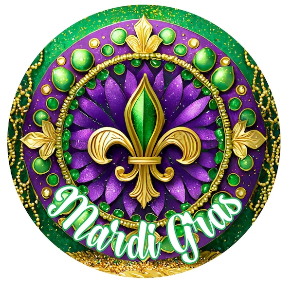 Mardi Gras Fleur De Lis Metal Sublimated Wreath Sign, Fat Tuesday Party with Bling, Louisiana Decor, Welcome to Our Home