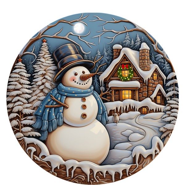 3d Snowman and Cabin Metal Wreath Sign, Snowy Winter Scene