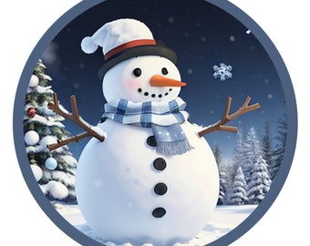 Chubby Snowman in Wintery Scene with Blue Plaid Scarf, Snow Covered Pine Trees, Sublimated Aluminum Wreath Sign