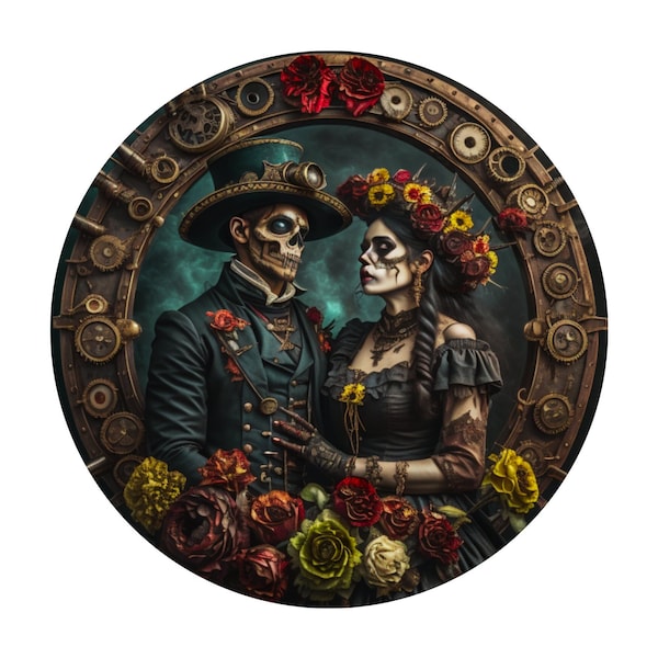 Steampunk Romance, Metal Wreath Sign with Couple, Clocks, and Death Flowers, Skull Face