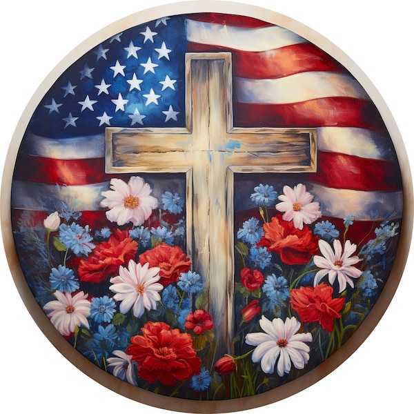 Faith & Freedom Patriotic Wooden Cross on Metal Sign - American Flag with Floral Accents - Handmade Aluminum Wall Decor