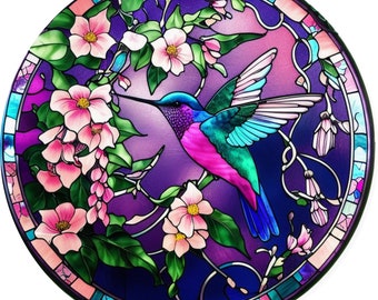 Humming Bird Everyday Faux Stained Glass metal wreath sign, Round Sublimated Metal Wreath Sign
