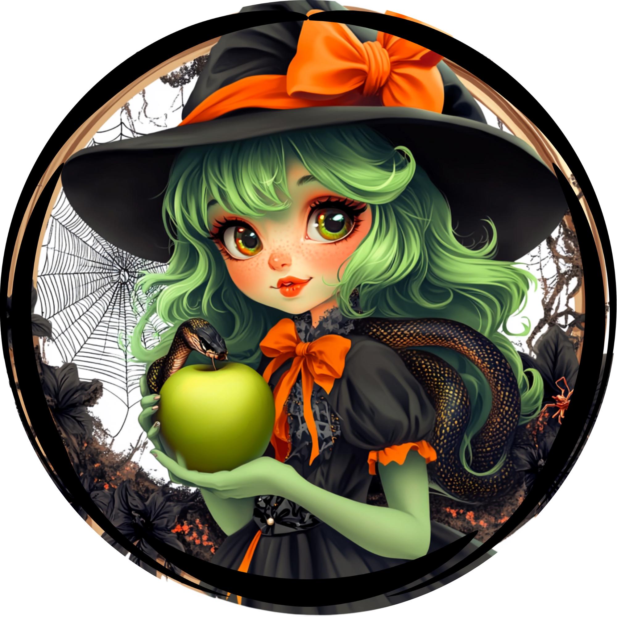Cute Green Witch With Snake Wreath Sign - Halloween Decor