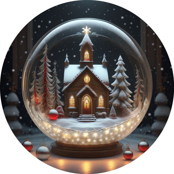Christmas Holy Church Globe, Winter Church Scenic Wreath Sign, Festive Creations Sublimated Sign