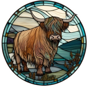 Highland Cow with Blue Rolling Hills View Everyday Faux Stained Glass metal wreath sign, Round Sublimated Metal Wreath Sign