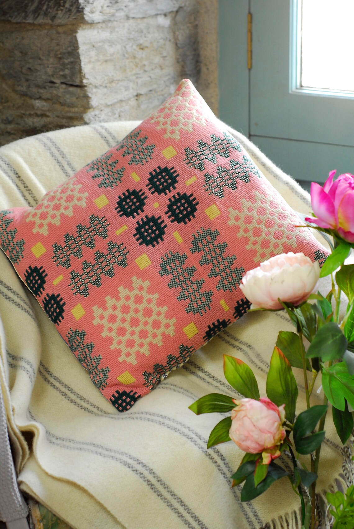 Welsh Wool Tapestry Blanket Pink Cushion with Duck Feather Etsy