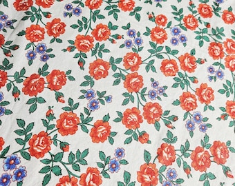 White cotton fabric with red Roses / blue floral