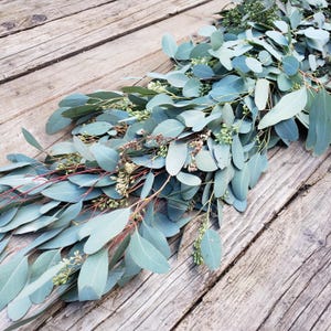 May include: A fresh eucalyptus garland with blue-green leaves and small white buds, accented by reddish stems. The garland is arranged on a rustic, weathered wooden surface, creating a natural and organic aesthetic.