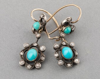 Diamonds and Turquoises 19th century Earrings