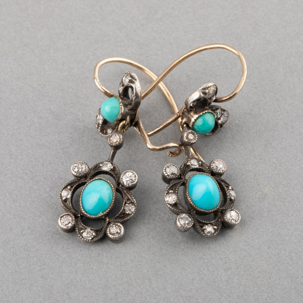 Boucles D'oreilles Anciennes en Diamants et Turquoises