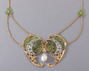 Gold Diamonds Enamel and Pearl French Art Nouveau necklace