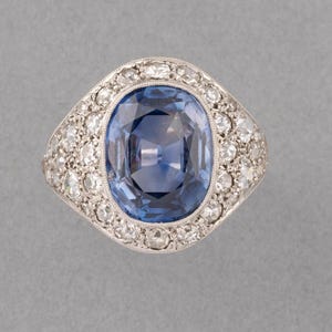 French Art Deco Ring Diamonds and Certified Sapphire