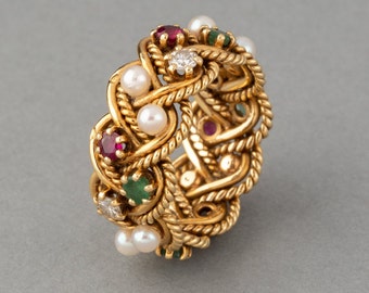 Vintage French Ring In Gold And Precious Stones