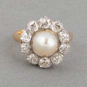 1.40 Carats Diamonds and Natural pearl Antique Belle Epoque Ring