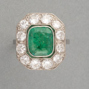 Antique French Art Deco Ring In Platinum, Diamonds And Emerald