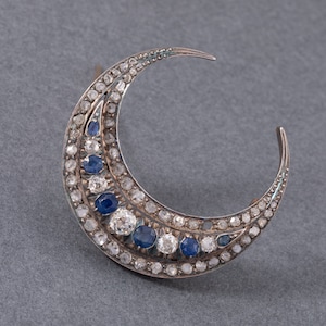 Gold Sapphires and Diamonds French Antique Crescent