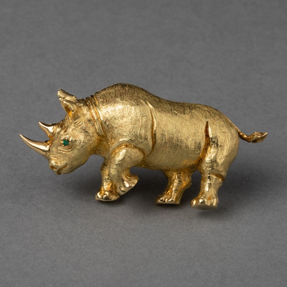 French Vintage Rhinoceros Gold Brooch
