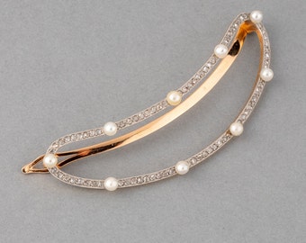 19th French Hair Barrette In Gold, Diamonds And Pearls