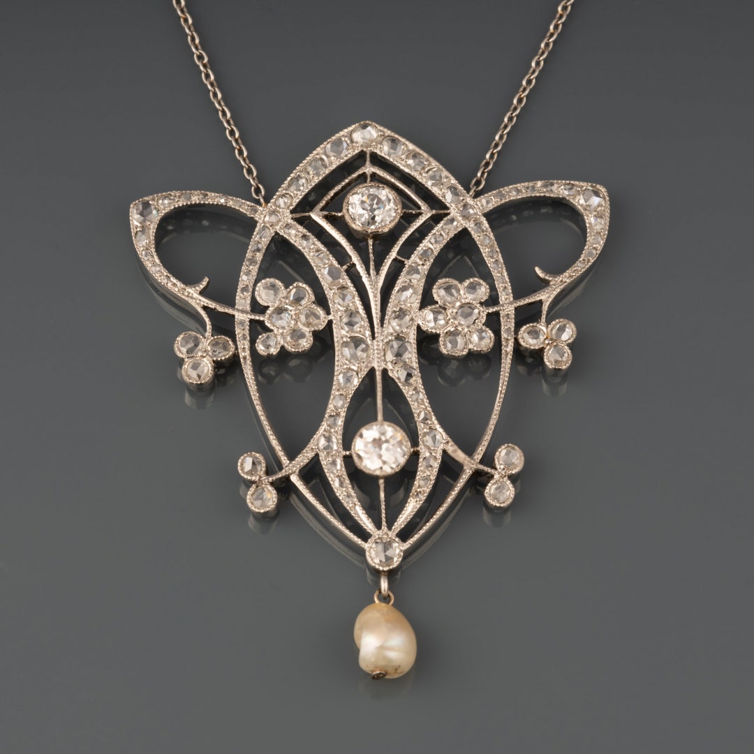 Diamonds and Pearl Art Nouveau Pendant Neklcace - Etsy