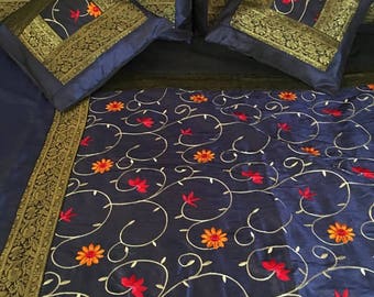 Bedding Indian Silk Floral Embroidery Zari Navy