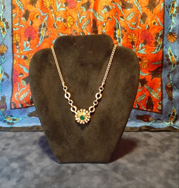 Vintage Brass Colored Necklace w/ Crystal and Gree