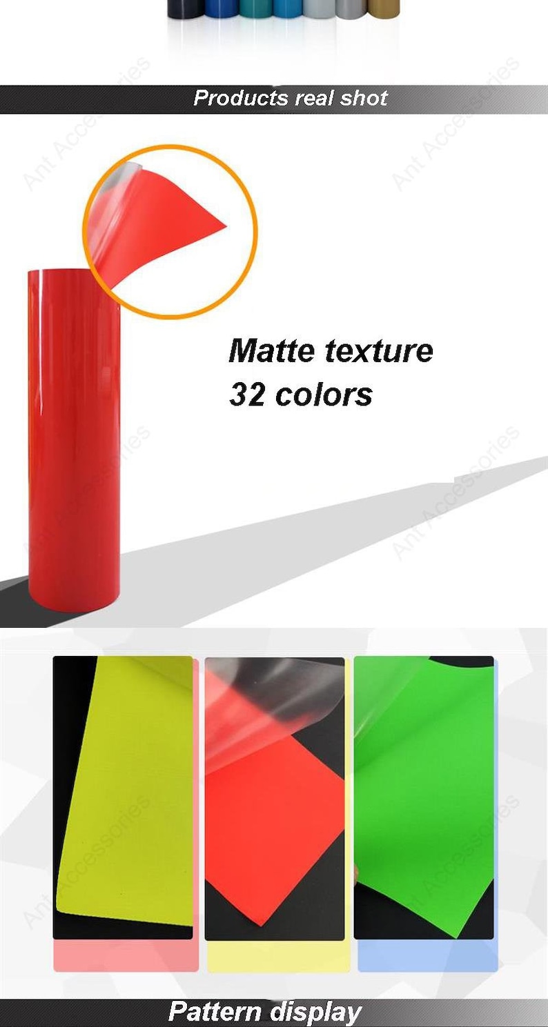 May include: A roll of red matte vinyl with a textured surface. The vinyl is available in 32 colors. The image shows a close-up of the vinyl and a sample of the vinyl with the protective film peeled back.