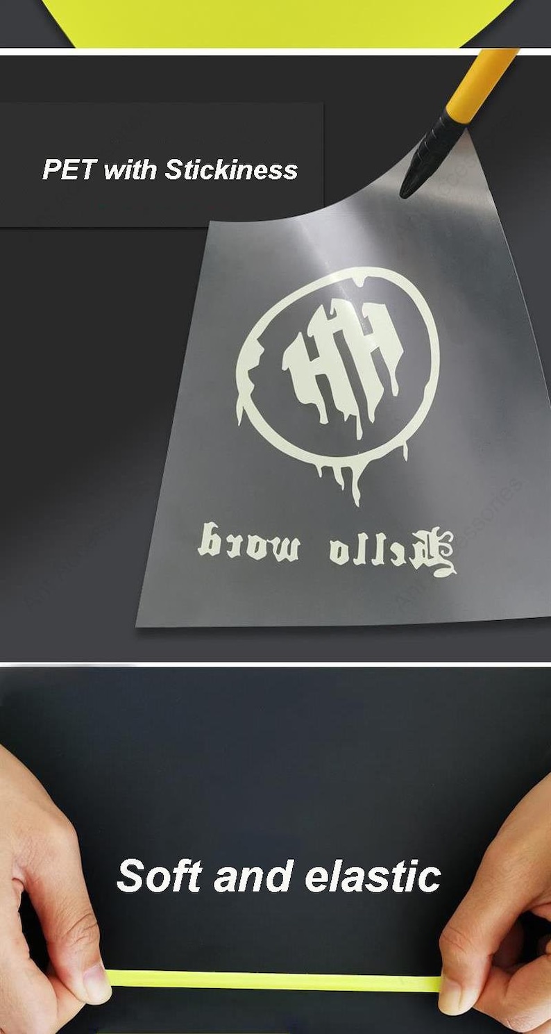 May include: A white vinyl sticker with a dripping circle design and the text "brow village" in a gothic font. The sticker is on a black background and is being peeled off of a sheet of clear plastic. The text "PET with Stickiness" is visible in the background.