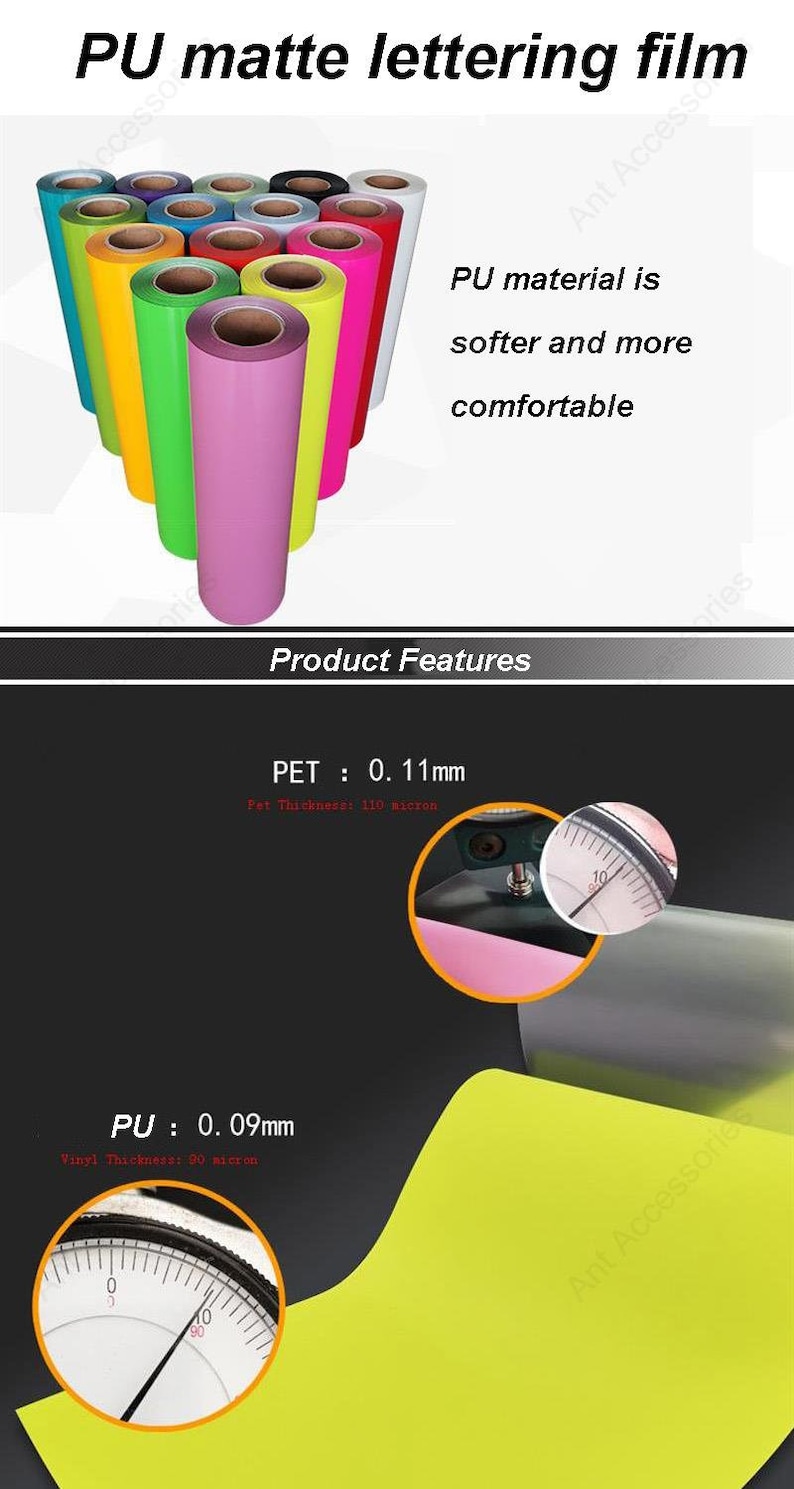 May include: A close-up of a roll of yellow PU matte lettering film. The film is 0.09 mm thick and has a vinyl thickness of 90 microns. The text "PU matte lettering film" is at the top of the image. The text "PU material is softer and more comfortable" is in the middle of the image. The text "Product Features" is at the bottom of the image. The text "PET: 0.11mm" is below the text "Product Features". The text "Pet Thickness: 110 micron" is below the text "PET: 0.11mm".
