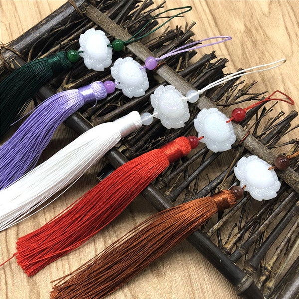 5Pcs/Pack Lotus Tassel Hanging Orecchie Bianco Jade Lotus Tassel Fan Falling decorative Pendant