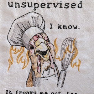 Embroidered Kitchen Tea Towel-Funny Cooking Chicken-Unsupervised-2 colors available White