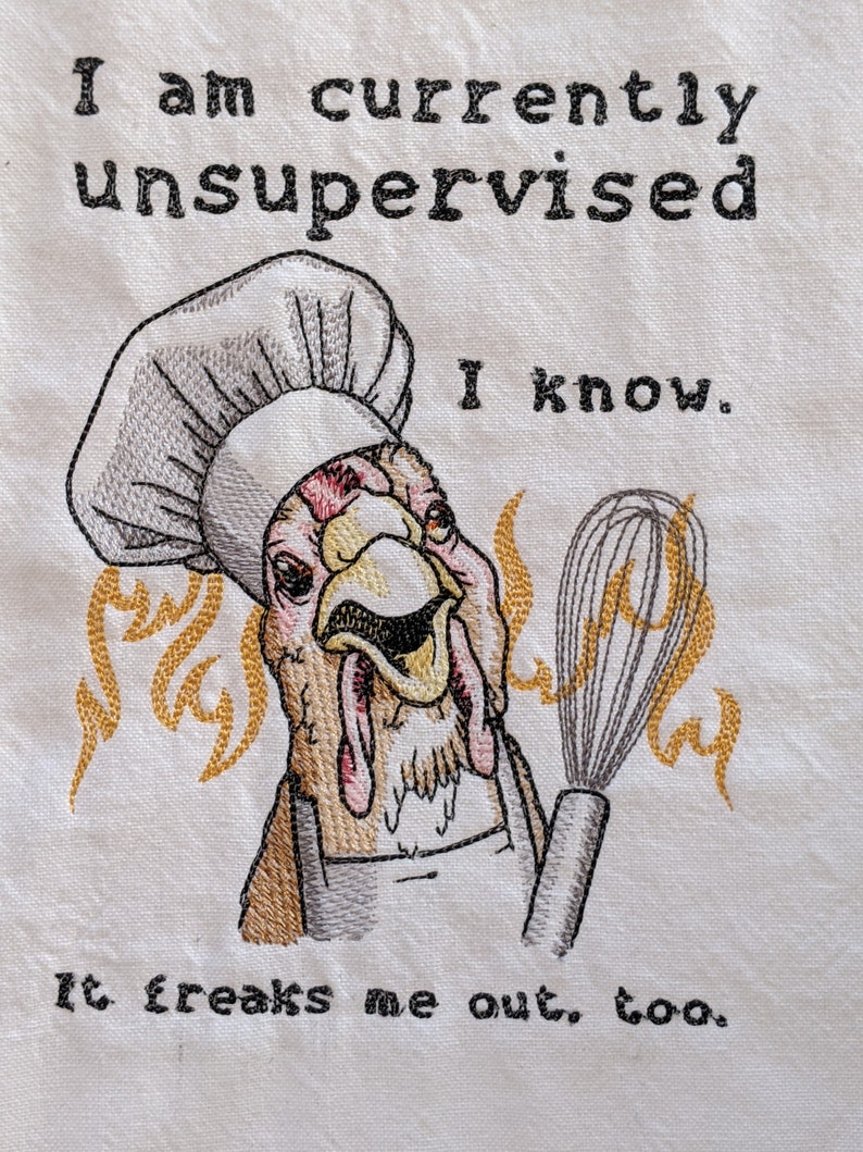 Embroidered Kitchen Tea Towel-Funny Cooking Chicken-Unsupervised-2 colors available White