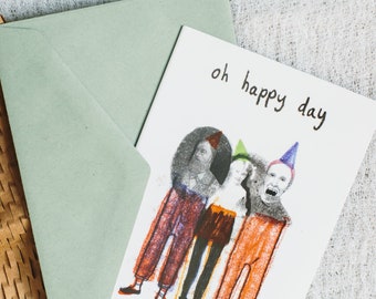 Oh Happy Day, birthday card, party people, alternative illustration, unique card set, snail mail, corona card