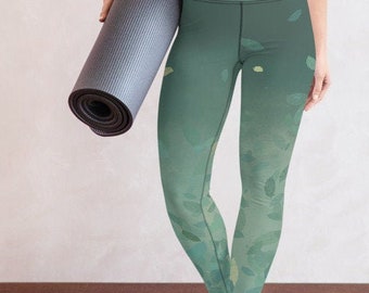 Leaf green yoga leggings, high rise leggings floral, yoga pants, lounge gear sports, Home workout, leaf print, natural clothing for her