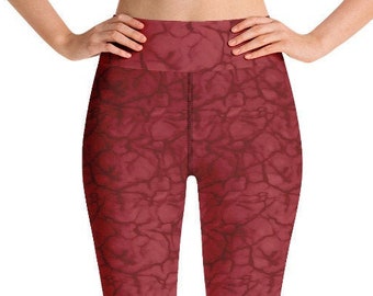 Red yoga leggings, water print red, home workout pants yoga sessions meditation, spring gifts for her, high rise leggings leisure wear