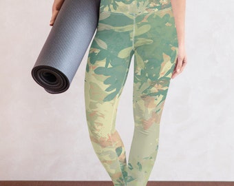 Yoga Leggings, floral print leggings, natural sports gear, green leggings yellow, sportsgear