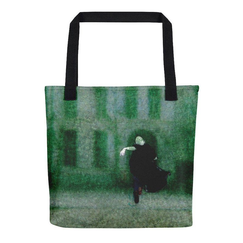 polyester fabric bag with print illustrated bag Green tote bag with little guy no to plastic green zero waste bag handmade green bag