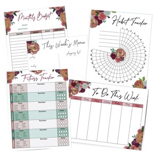 Floral Tracker Package,  Monthly Habit Activity, Meal and Menu Tracker, Budget Tracker, Weekly Planner, Fitness Tracker