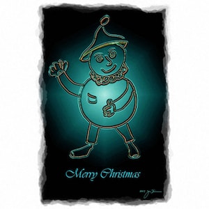 May include: A teal and black digital illustration of a cartoon character wearing a hat and a big smile. The character is waving and the text "Merry Christmas" is below the character.