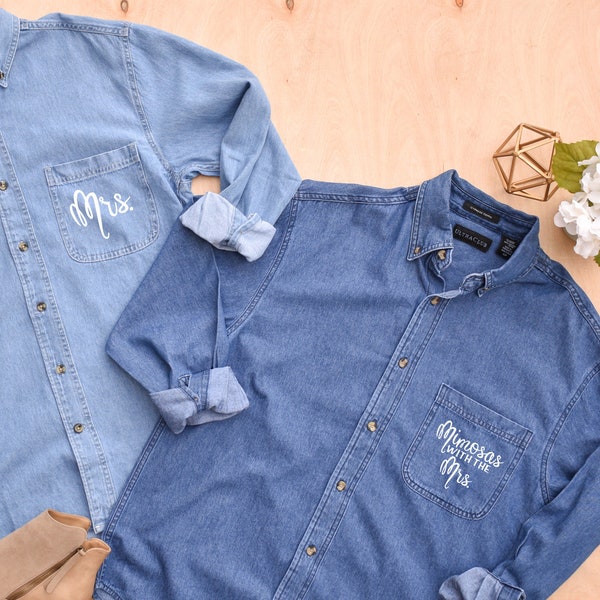 Mimosas With the Mrs. | Denim Bridal Party Button Up Shirts | Getting ready Shirts | Mrs. Bridal Shirt | Brunch Shirts | Bridesmaid Shirts