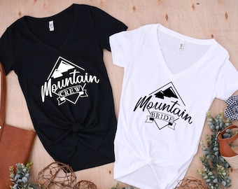 Cabin Bachelorette Party | Mountain Bride | Mountain Crew | Mountain Bachelorette Party V-Neck Shirts | Glamping Tees | Hiking Bachelorette