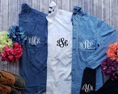 Denim bridal Party Monogram Button Up Shirts for getting ready for Bridesmaids Bride Matching Monogram Yoga Pants - Vine White