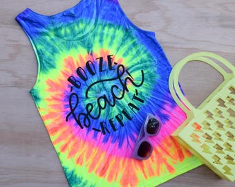 Beach Bachelorette Party Tank Tops Tie Dye Tank tops for the Beach Girls Beach trip bathing suit coverups Spring Break Booze Beach Repeat
