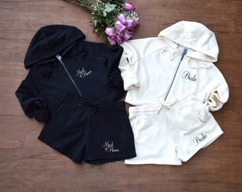 Conjunto de sudadera con capucha y pantalones cortos para la fiesta nupcial, atuendos de preparación, conjunto de chándal para dama de honor, regalo, atuendos para la fiesta de bodas, regalo para la madre de la novia
