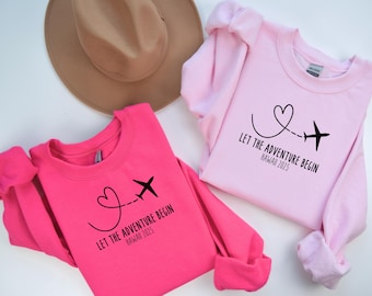 Sudaderas personalizadas para avión Camisetas de pareja a juego para usar en el vuelo Que comience la aventura Sudadera Chicas Viaje Aeropuerto Imprescindibles