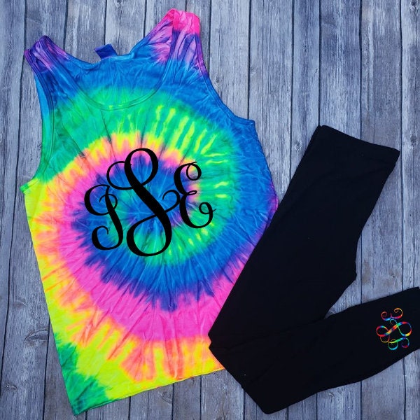 Tie Dye Monogram Tank Top in Cursive  and Custom Matching Cursive Vine Monogram Yoga Pants - Vine Black