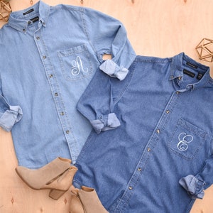 Initial Denim bridal Party Button Up Shirts for Wedding Oversized Monogram Jean shirt Wedding Shirt and Leggings Getting Ready Outfit Set
