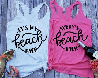 Beach Bach -My Beach Bach - Custom Beach Bach Matching Bachelorette Party Racerback Tri-Blend Tank Tops - Pink