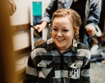 Flannel Bridal Party Getting Ready Shirts in Buffalo Plaid With Custom Monogram With Matching Monogram Leggings - Vine White