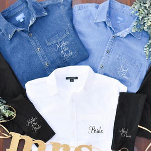 Custom Bridal Party Button up Denim Shirt with Name on Pocket for Bridal Party Wedding Morning Makeup Getting Ready Salon outfit for Bride